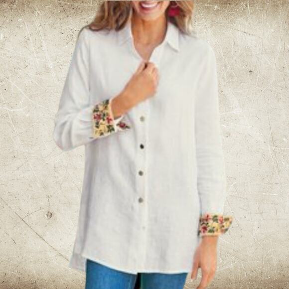 Soft Surroundings Linen Tunic Size 1X Flora Blanco Button Up Embroidered Cuff - Picture 2 of 10